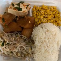 This was my bf veggie plate. We got rice, corn, shoyu potato, tofu, and sprouts at Tasty Korean BBQ in Kaneohe