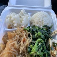 This is my veggie lunch plate with rice. I got bak choi, shoyu potato, noodles, and tofu  at Tasty Korean BBQ in Kaneohe