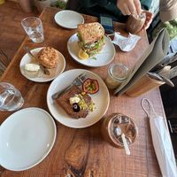 The spread, with oat milk mocha   at Little Aus - 리틀오스 in Busan