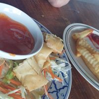 Spring Roll, chips and ketchup at Tamachat Vegan Food - ธรรมชาติ in Koh Samui