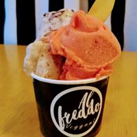 Suggar free ice creams: Strawberry and Stracciatella scoops. Also prepared with Demerara organic suggar. at Alfreddo Veggani in Sao Paulo