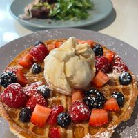 Berry waffle with vegan ice cream at Picnic Cafe in Hobart