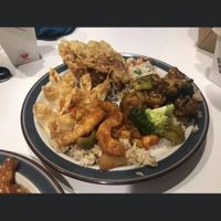 Cream cheese wontons, fried enoki, pineapple fried rice, sweet and sour shrimp, and general tsos chicken.  at Veggie Village in Scottsdale