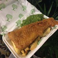 GF vish & chips w/ mushy peas  at JJ's Vish & Chips in Manchester