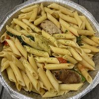 Vegan Pasta Dal Sole with vegan cheese and vegan sausage  at D'Matteos Pizza & Grill in Ronkonkoma