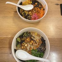Vegan spicy and not spicy ramen bowls  at Co-op Ramen in Bentonville