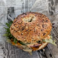 Veggie sandwich on everything bagel at Rainshadow Cafe in Sequim