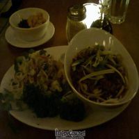 Japanese seitan and noodles with salad at Angelica Kitchen in New York City