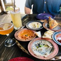 Vegetarian sampler platter with several vegan dips: humus, muhammara, su borek, babaganush, spanakopita, peynir & karpuz, pita. at Istanbul Hawaii in Honolulu