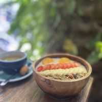 Vegan smoothie bowl with almond milk and peppermint tea. 👌🏻  at Bread Basket in Denpasar