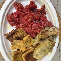 Beetroot risotto, fennel & chickpea frittata   at Vegamore in Milan