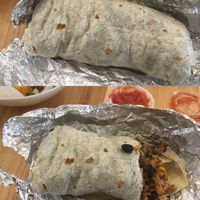Vegan "fish" burrito, before first bite and after. at Más Veggies Taqueriaa in New York City