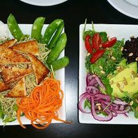 Amazing food! Massaged kale salad (although they were out of kale so I subbed with spinach and arugula), avocado, black rice, cherry tomatoes and the best miso mustard dressing I've ever tasted! Also got the green tea soba noodle salad with carrot spirals, daikon radish, sprouts, snap peas, seared tofu and a ginger miso dressing! SO SO good! Many vegan options and you can veganize just about anything on the menu! at Eatcetera in Galveston