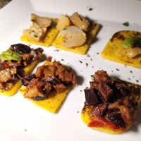Polenta's bruschette with funghi and eggplants 🍆 at Osteria Casa Pepe in Trieste