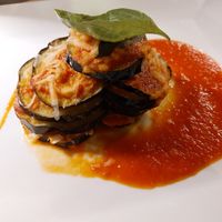 Vegan aubergine parmigiana (with rice mozzarella) at Osteria Casa Pepe in Trieste