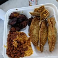 Beyond beef empanada with plantains and rice and beans at Island Empanada in Medford