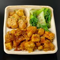 sesame tofu + cauliflower plate w/beet salad + greens at Grillbird in Seattle