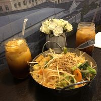 Vegan pad thai and Thai iced teas (with soy milk)  at Top Thai in Castro Valley
