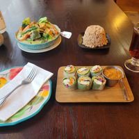 Fresh rolls w tofu & pb sauce, green curry w extra tofu, brown rice, hot tea at Top Thai in Castro Valley