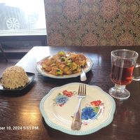 Cashew tofu w hot tea and brown rice at Top Thai in Castro Valley
