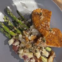  Panko Crusted Piccata with smashed red potato and asparagus   at Belse in Dallas