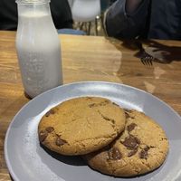 Oat milk and chocolate chip cookies - best dessert hands down. Also superb - the Apple tart and Chocolate cake.   at Belse in Dallas