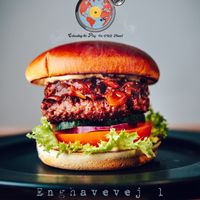 E.P's Beyond burger with caramelized BBQ onions at E.P's Takeaway in Copenhagen
