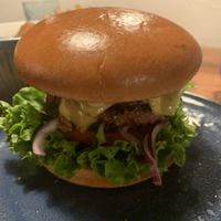 Beyond burger with tempeh “bacon”   at E.P's Takeaway in Copenhagen