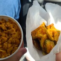 Mac and Cheese & fried pickles at Don't be Chick'n in San Jose