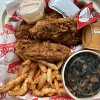 AMAZING Chick’n Tenders, Cajun Fries, and Bacon Collard Greens at Don't be Chick'n in San Jose