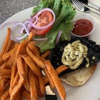 Portobello mushroom sandwich (the edamame hummus was so good too!) with sweet potato fries   at Pineapple's in Hilo