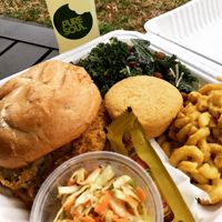“Fish” sandwich w/ slaw, Mac, kale caesar, cornbread and lemonade  at Pure Soul in Durham