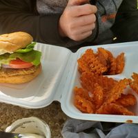 Chicken sandwich and sweet potato waffle fries at Pure Soul in Durham