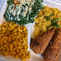Southern fried drumstix plate with kale Caesar and Mac and cheese at Pure Soul in Durham