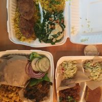 Fried fish, NC BBQ plate, and hot “honey” chikn sandwich plate  at Pure Soul in Durham