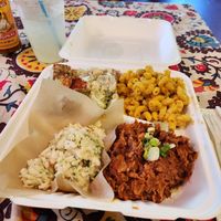 Vegan bbq plate with Mac and potatoes salad at Pure Soul in Durham