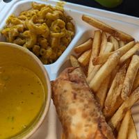Mac n cheese, bbq egg roll, cheese fries at Pure Soul in Durham