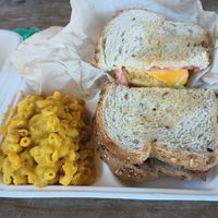 Bacon egg and cheese sandwich. Side of Mac and cheese at Pure Soul in Durham