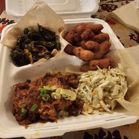 Eastern BBQ Platter w/ Bilbo's Greens and hushpuppies at Pure Soul in Durham