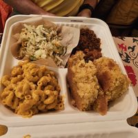 NC BBQ platter w/ mac n' cheese and cornbread. at Pure Soul in Durham