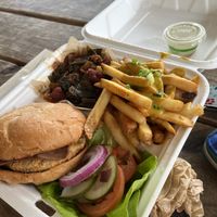 All vegan! Chicken Sammie with bacun, cheeze fries, and frodos veg  at Pure Soul in Durham