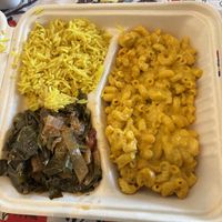 Yellow rice, greens, mac and cheese  at Pure Soul in Durham