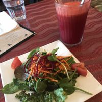 Complimentary starter salad and the Angel juice at Caravan of Dreams in New York City