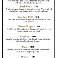 Dumpling Menu  at Phat Head in Semaphore