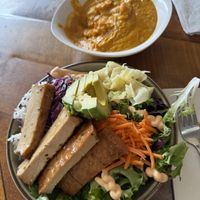 Buddha bowl with tofu and sweet potato coconut soupp  at Bunny and Clyde's Corner Cafe and Market in Salida