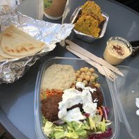 Middle Eastern salad, hummus, flatbread, bhajis at Roots in Barnstaple