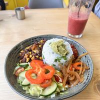Burrito bowl and raspberry smoothie   at Roots in Barnstaple