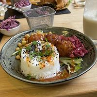 Thai sweetcorn fritter bowl  at Roots in Barnstaple