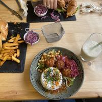 Thai sweetcorn fritter bowl, mex burger, no chick burger   at Roots in Barnstaple