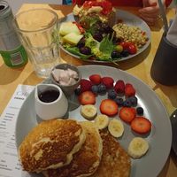Vegan Pancakes and jacket potato with hummus and salad. Delicious coffee at Cafe U in Kelso